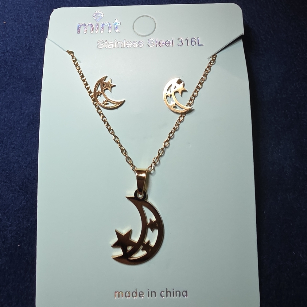 Mint Gold Celestial Necklace and Earring Set